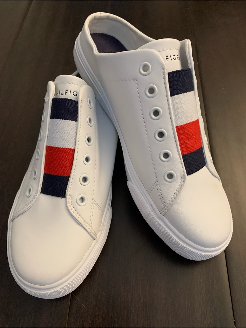 Tommy Hilfiger Women’s White Slip-On Sneakers with Red & Navy Stripe Like New